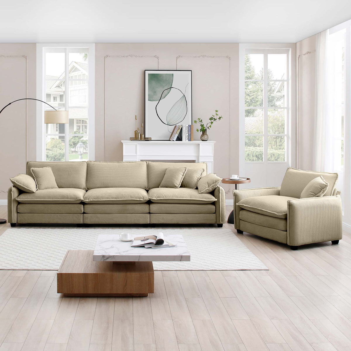Mid Century Modern Sofa Set Of Two, One 3 Seater Sofa And One Single Seat Sofa With 2 Arm Pillows And 4 Throw Pillows,2 Pieces Sofa Set For Living Room,Tan Corduroy Fabric Tan Corduroy 4 Seat