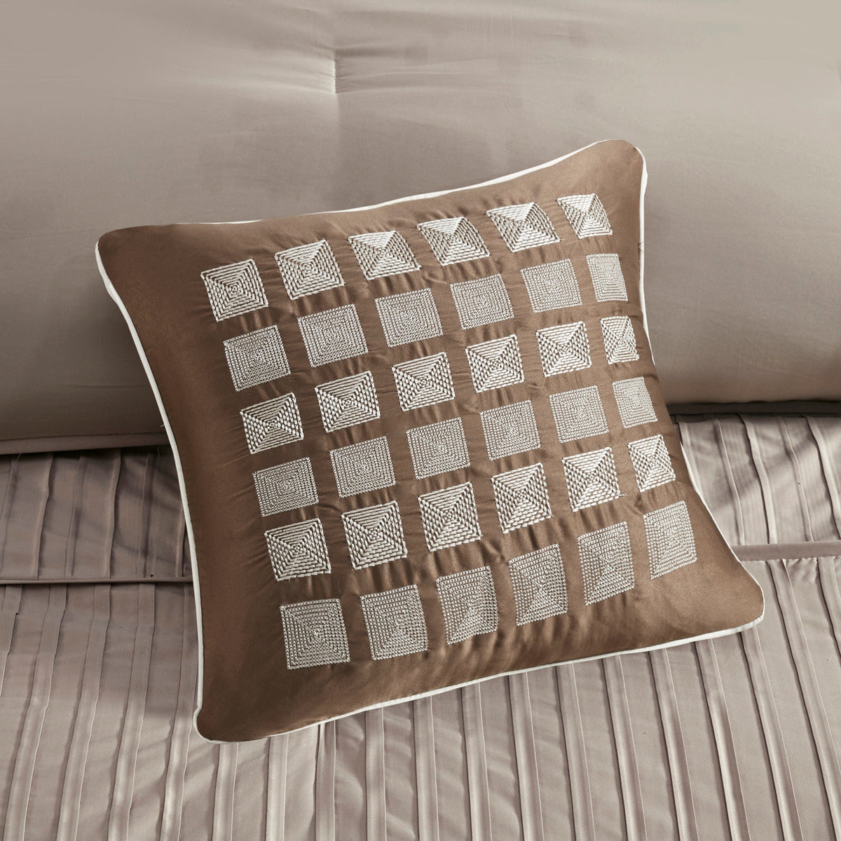 7 Piece Polyester Charmeuse Comforter Set Taupe Queen Queen Taupe Polyester