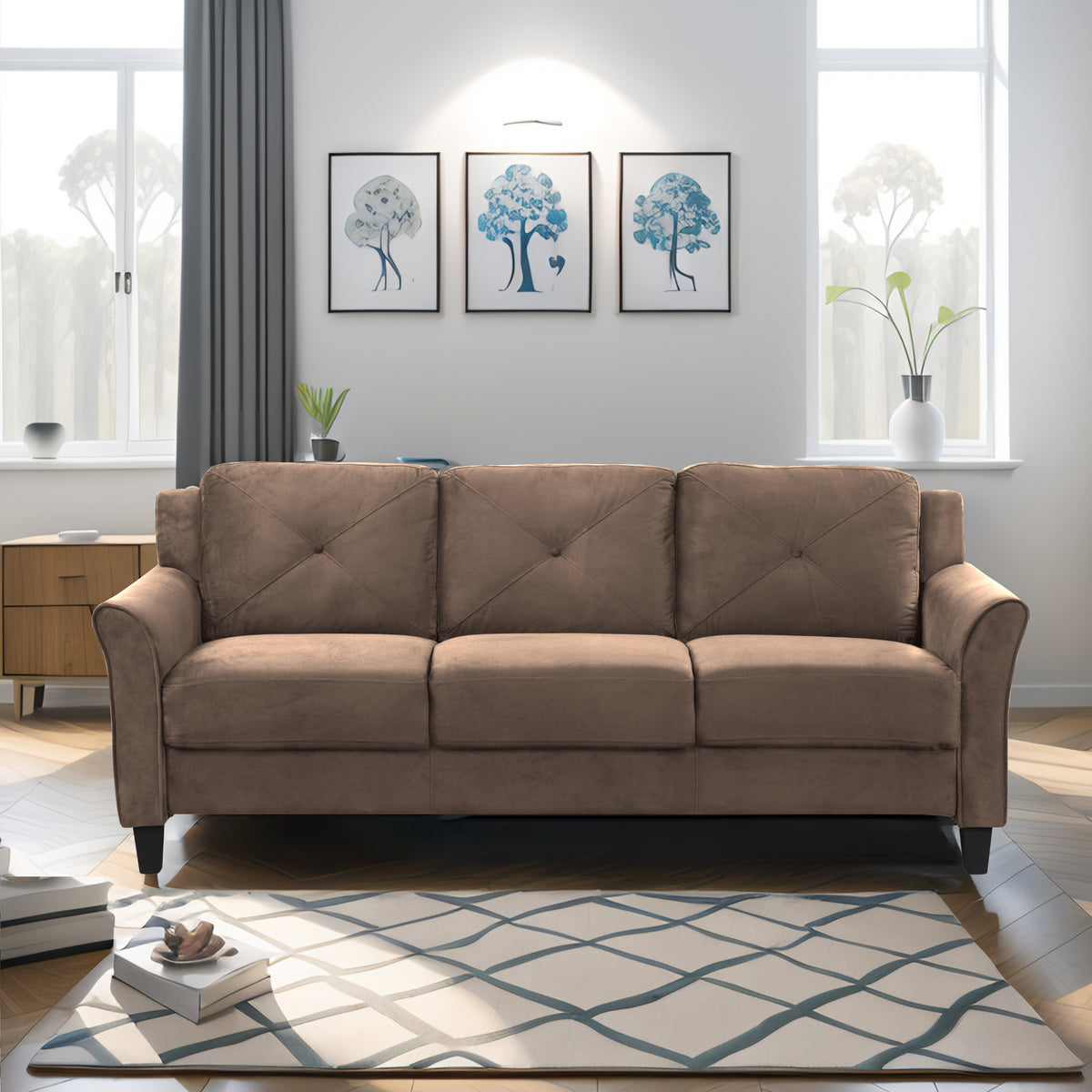 Fashionable Living Room Sofa For 2 People, Brown Velvet Fabric Brown Wood Primary Living Space Extra Heavy Duty Rubberwood 2 Seat Antique Brown Velvet Soft Cushion Back American Traditional Square Arms Down Filling Velvet