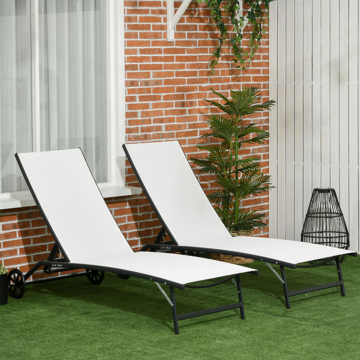 Outsunny Chaise Lounge Outdoor, 2 Piece Lounge Chair With Wheels, Tanning Chair With 5 Adjustable Positions For Patio, Beach, Yard, Pool, Cream White Cream White Fabric