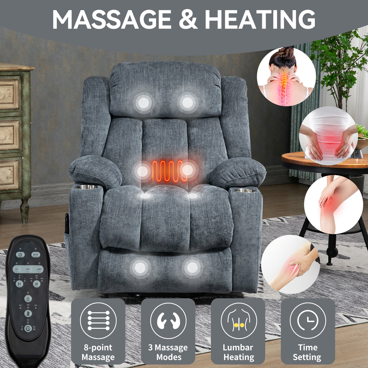 Up To 350 Lbs Chenille Power Lift Recliner Chair, Heavy Duty Motion Mechanism With 8 Point Vibration Massage And Lumbar Heating, Usb And Type C Ports, Stainless Steel Cup Holders, Blue White Metal Primary Living Space Heavy Duty Pine Blue Chenille Power