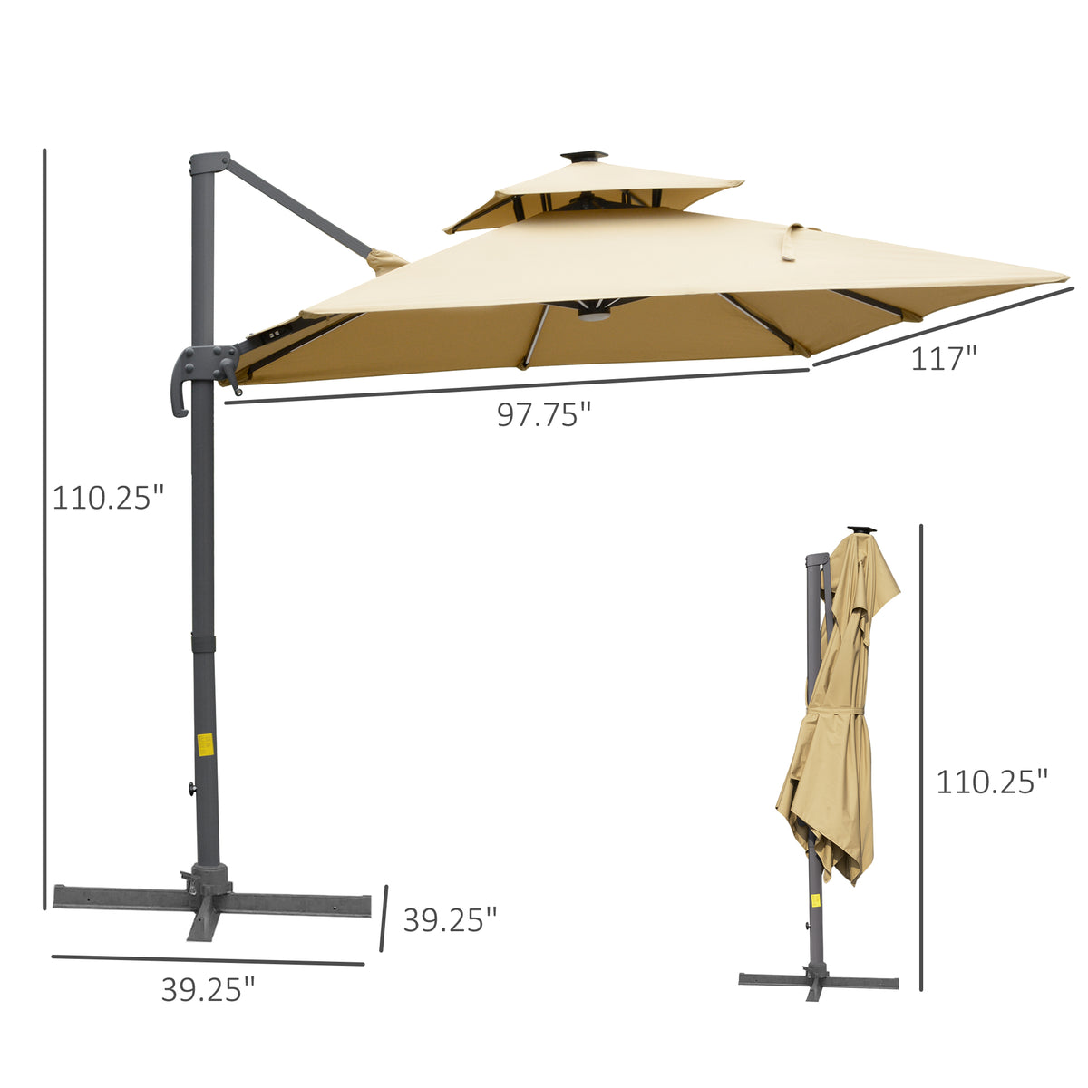 Outsunny 10Ft Cantilever Patio Umbrella With Solar Led Lights & Power Bank, Double Top Outdoor Offset Umbrella With 360 Rotation, Tilt, Crank & Cross Base For Garden, Khaki Khaki Aluminium
