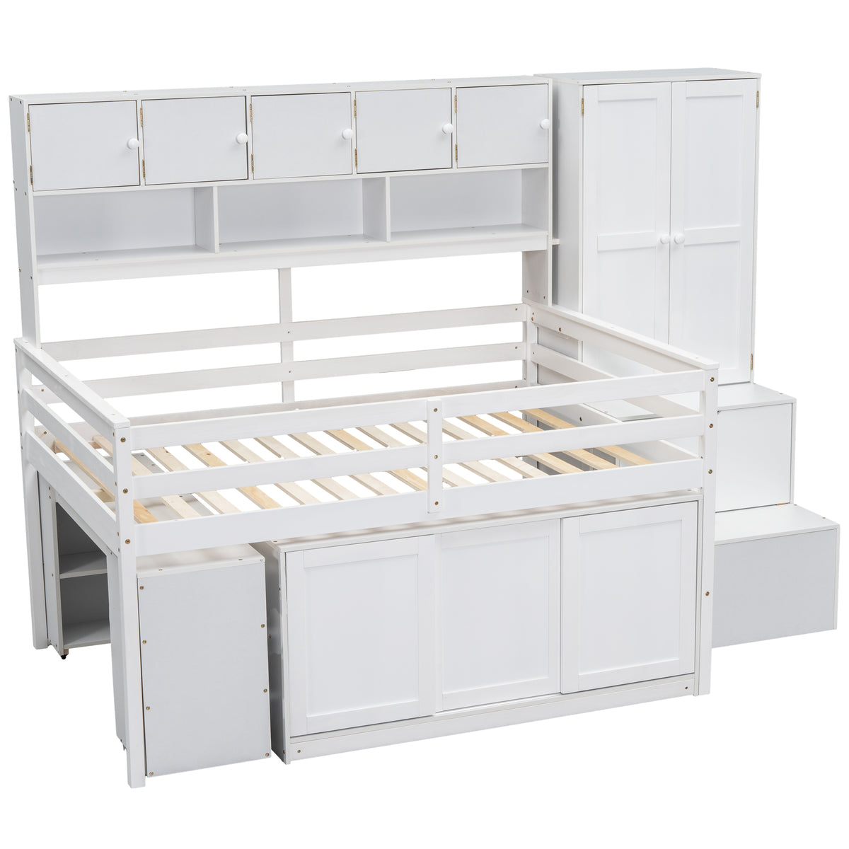 Full Size Wooden Loft Bed Big Storage With Under Bed Desk, With Drawers, With Shelves, White Full White Plywood