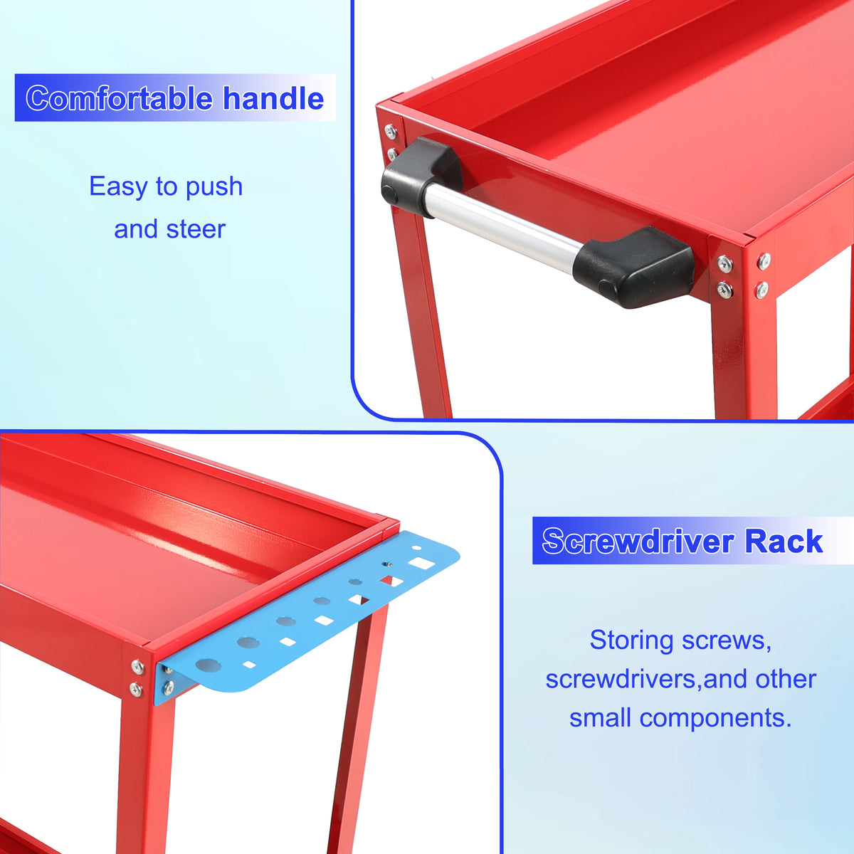 Tool Cart On Wheels, Heavy Duty Steel Utility Cart W Lockable Wheels, 400 Lbs Capacity Industrial Service Cart For Garage, Warehouse, Workshop Two Layer Bright Red Red Abs Steel Q235