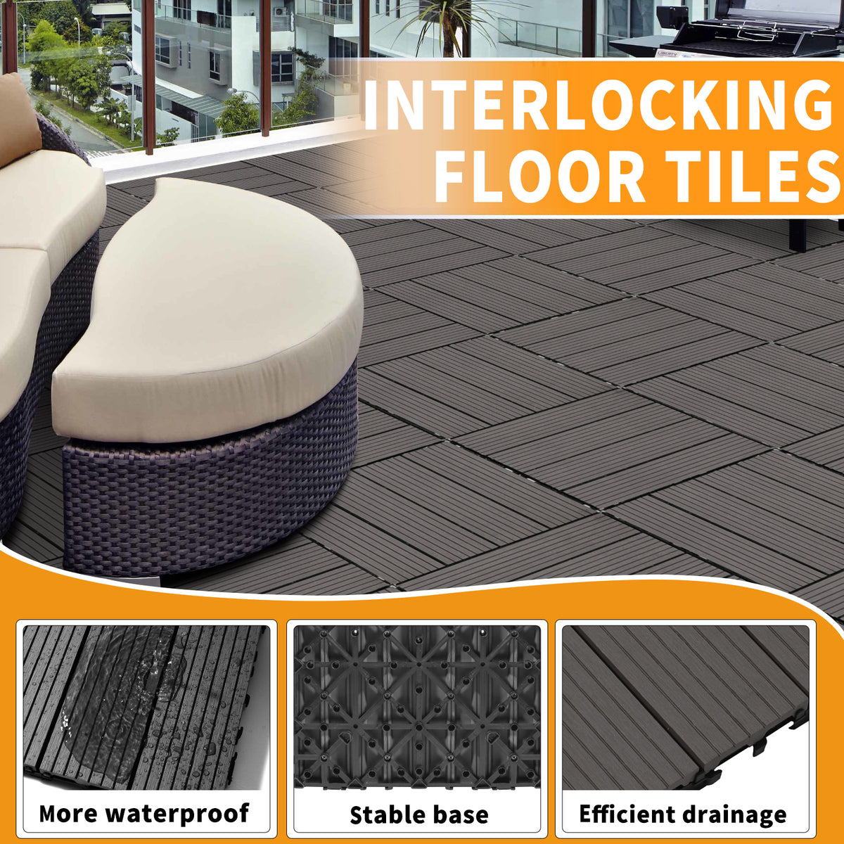 Wood Plastic Composite Deck Tiles Set Of 20, Sustainable Fsc Composite Decking Resist Rust, Water, Weather, Easy To Diy & Maintain, Ideal For Patios, Balconies, Rooftops, Light Gray Light Gray Wood Plastic