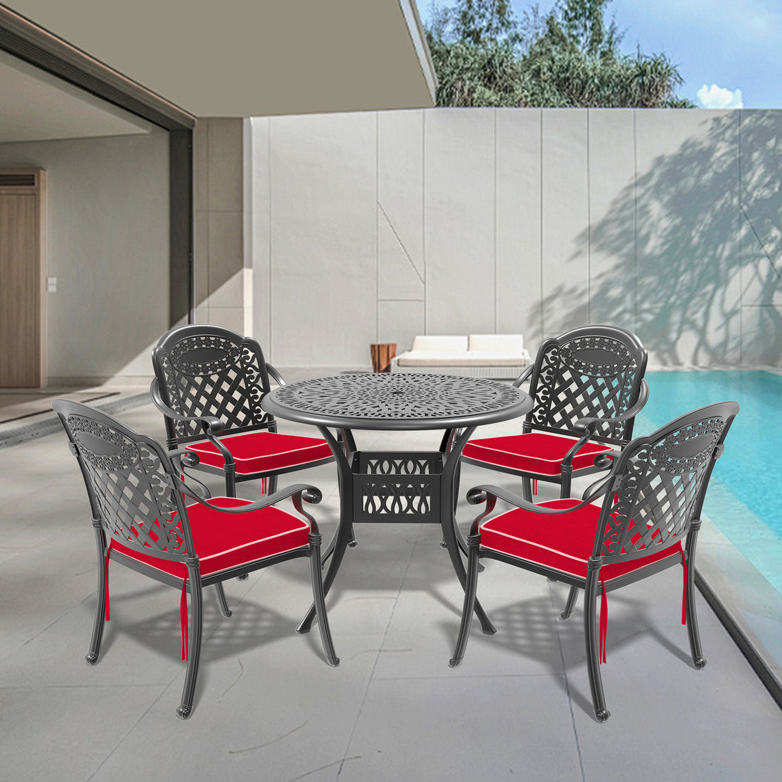 Cushions In Random Colors 5 Piece Set Of Cast Aluminum Patio Furniture With Cushions Yes Dining Set Black Seats 4 Rust Resistant Frame Water Resistant Cushion Garden & Outdoor Complete Patio Sets Aluminium