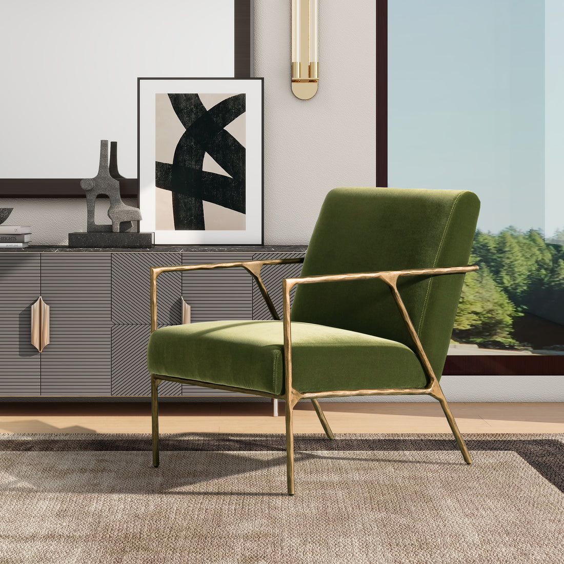 Aerin 24.5" Hammered Brass Upholstered Accent Arm Chair, Olive Green Performance Velvet Olive Green Foam Velvet