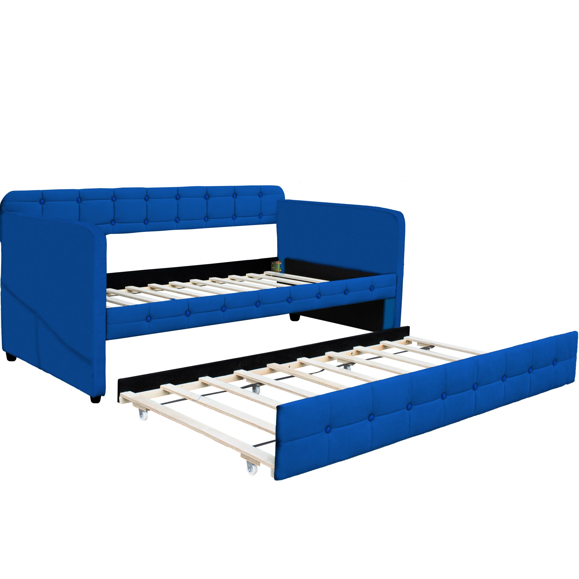 Blue Upholstered Twin Size Daybed With Trundle, Velvet Fabric, No Box Spring Required, Comfortable And Simple Design Models Box Spring Not Required Twin Blue Wood Espresso Bedroom Artsy,Classic,Retro Rubberwood Fiber Foam And Polyester Fiber Pad Velvet