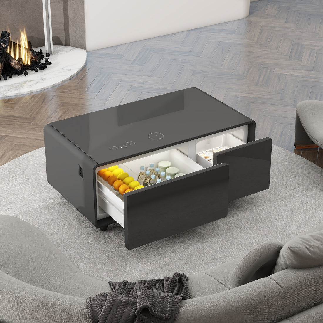 Modern Smart Coffee Table With Built In Fridge, Bluetooth Speaker, Wireless Charging, Touch Control Panel, Usb Interface, Outlet Protection, Atmosphere Light, Black Black Built In Outlets Or Usb Primary Living Space Luxury,Modern Freestanding Rectangular