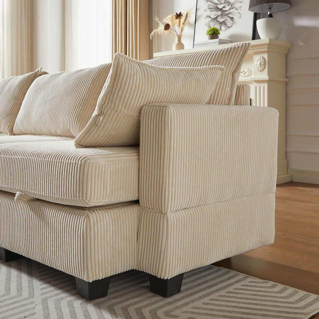 113.5'' Modular Sectiona Corduroy Sofa, Sectional Couches For Living Room U Shaped Sectional Couch With Storage Ottoman, 6 Seats Convertible Sectionals With Chaise Beige Corduroy 3 Seat