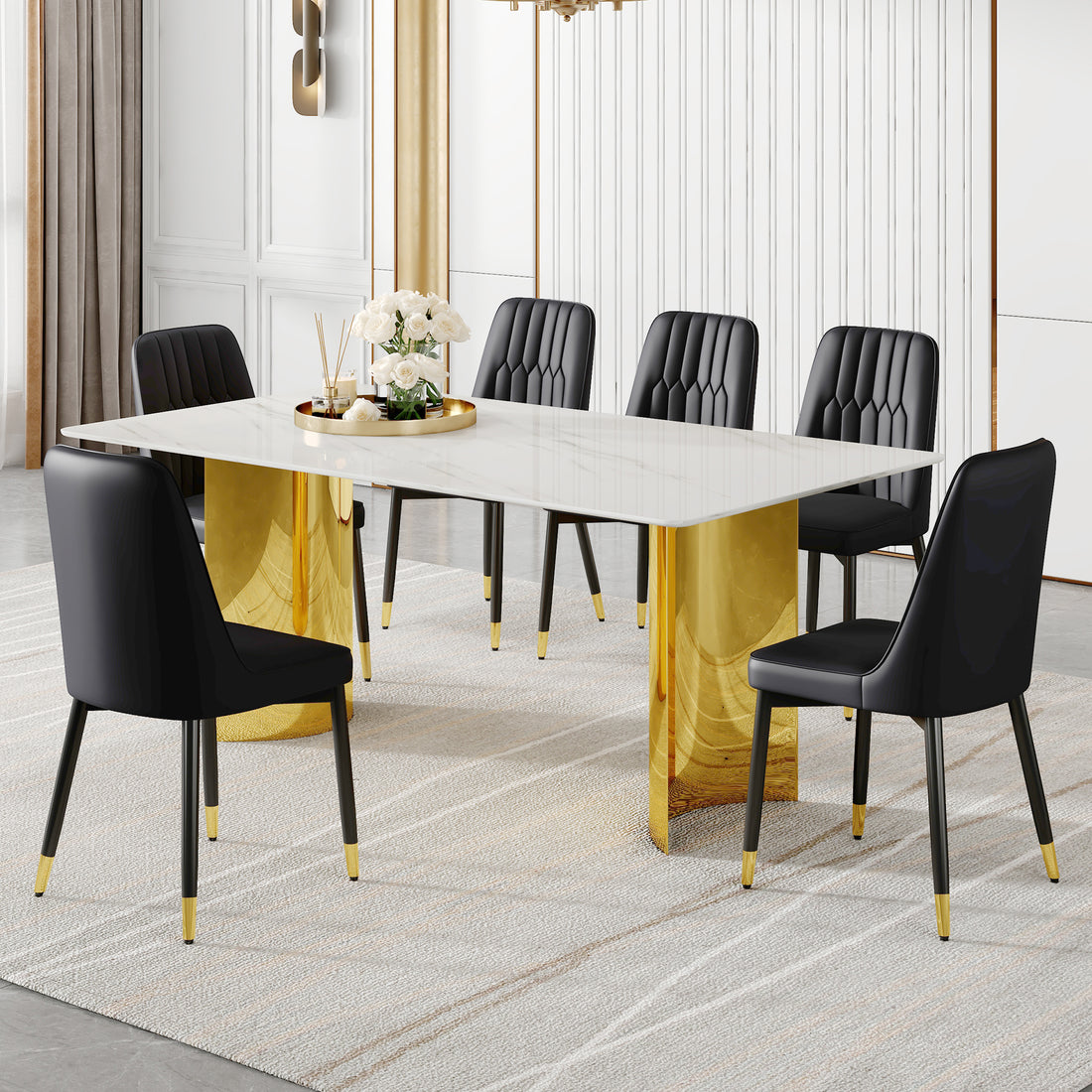 Table And Chair Set.The Table Has A Glass Top With Imitation Marble Pattern Stickers And Stainless Steel Golden Legs. Paried With Chairs With Pu Artificial Leather Backrest Cushions And Black Legs. White Gold Seats 6 Glass Metal