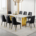 Table And Chair Set.The Table Has A Glass Top With Imitation Marble Pattern Stickers And Stainless Steel Golden Legs. Paried With Chairs With Pu Artificial Leather Backrest Cushions And Black Legs. White Gold Seats 8 Glass Metal