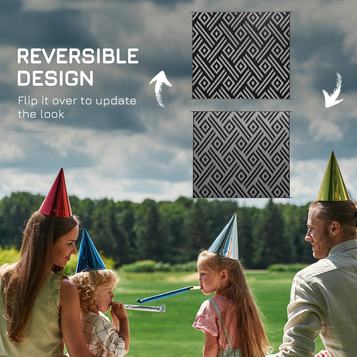 Outsunny Reversible Outdoor Rug, 8' X 10' Waterproof Plastic Straw Floor Mat, Portable Rv Camping Carpet With Carry Bag, Large Floor Mat For Backyard, Deck, Picnic, Beach, Black & Gray Geometric Multicolor Polypropylene