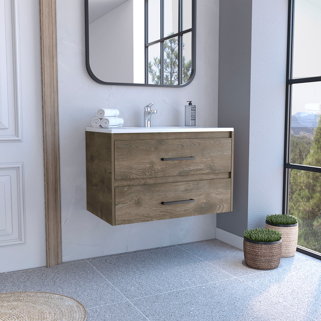 Praga Floating Vanity Sink With 2 Drawers Dark Brown White Dark Brown Bathroom Modern Particle Board