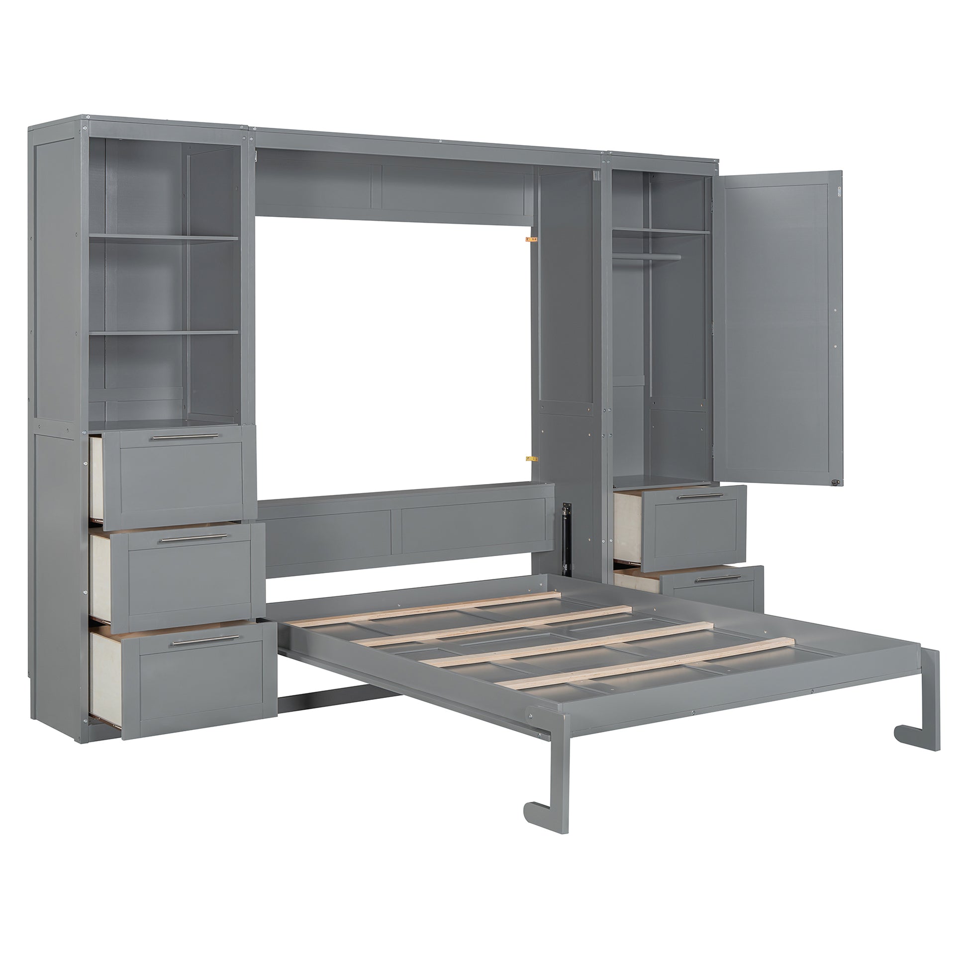 Queen Size Murphy Bed Wall Bed With Closet ,Drawers And Shelves,Gray Queen Gray Mdf Lvl