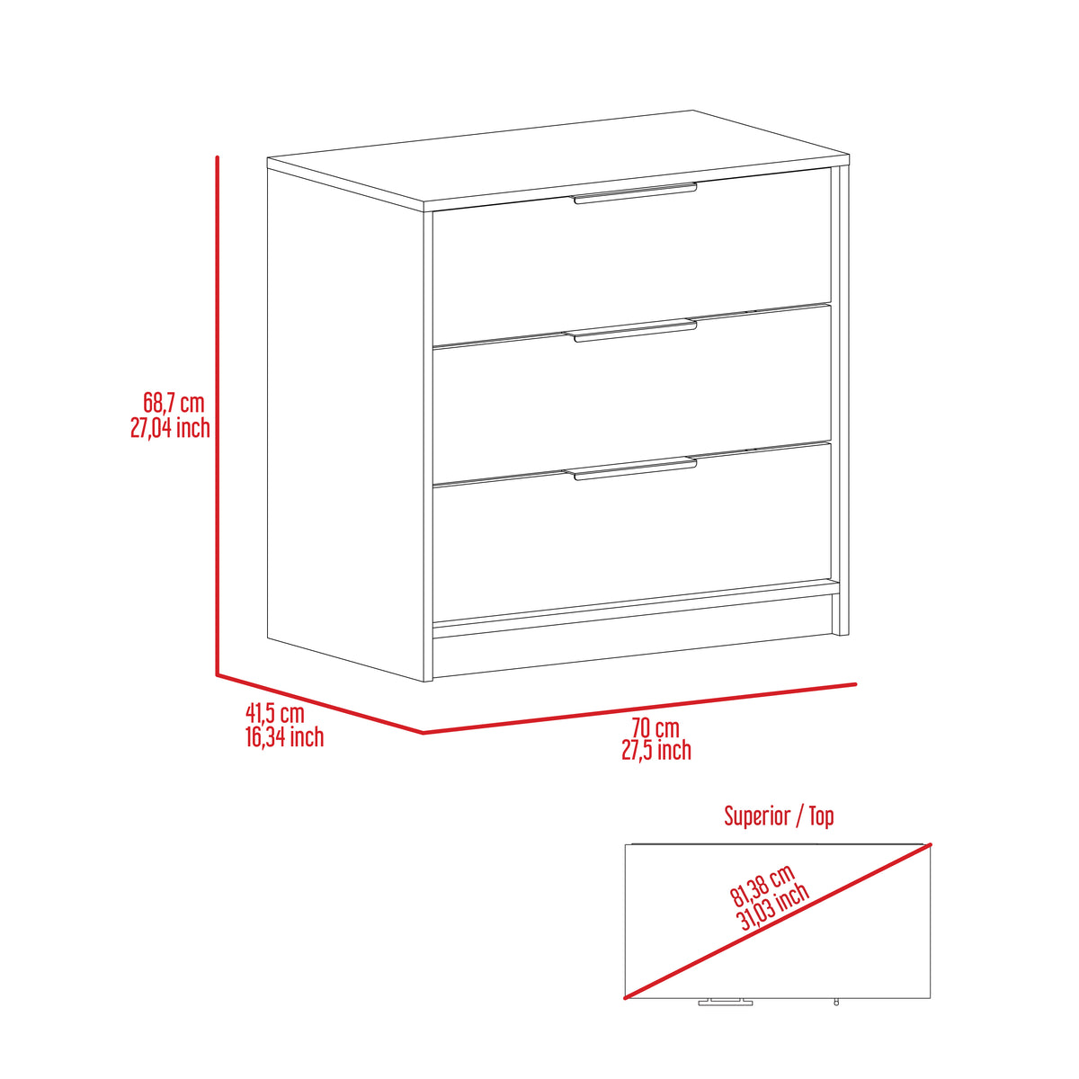 Kaia 3 Drawers Dresser, Superior Top Light Gray Gray Bedroom Modern Particle Board Particle Board