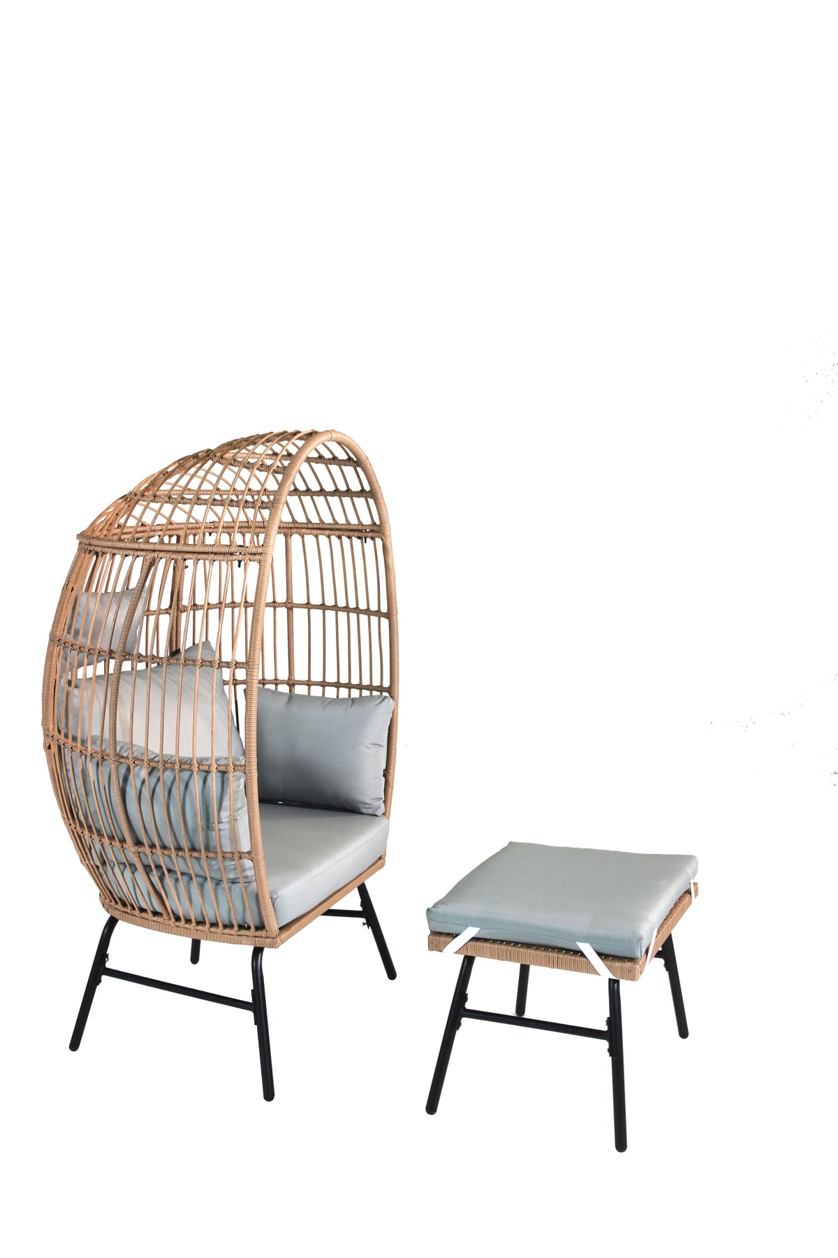 Outdoor Garden Wicker Egg Chair And Footstool Patio Chaise, With Cushions, Outdoor Indoor Basket Chair Yes Blue Neutral Seats 2 Garden & Outdoor European,Modern Steel