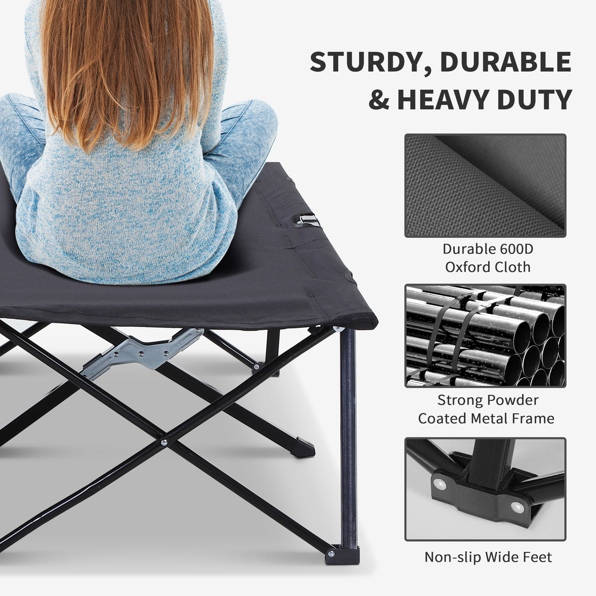 Outsunny 2 Person Folding Camping Cot For Adults, 50" Extra Wide Outdoor Portable Sleeping Cot With Carry Bag, Elevated Camping Bed, Beach Hiking, Black Black Steel