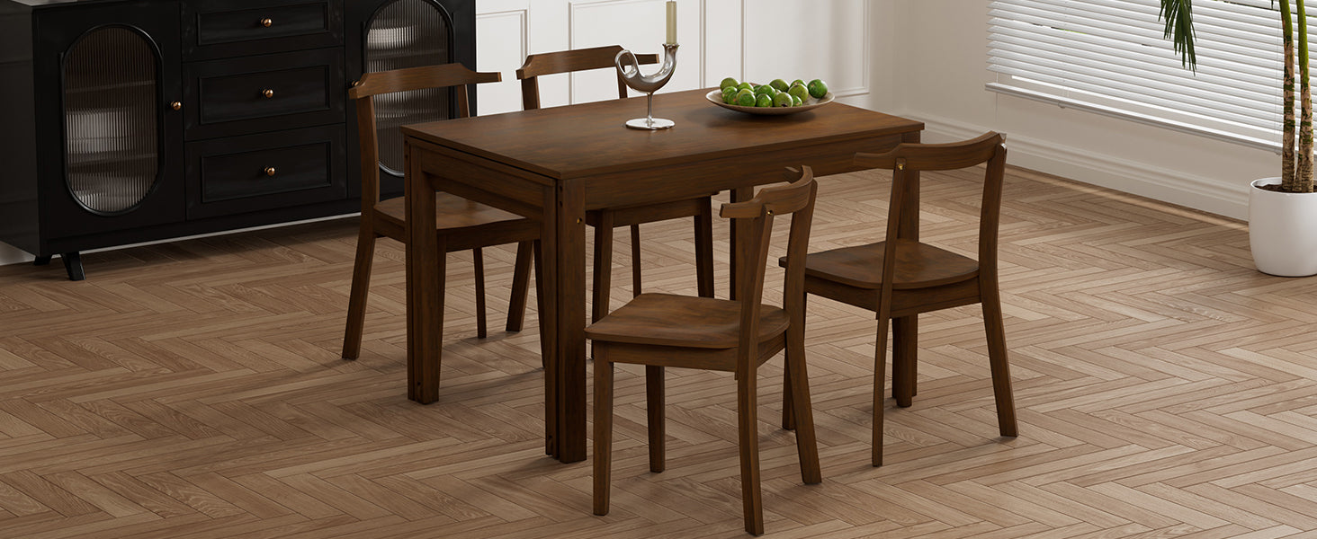 Farmhouse 65" 5 Piece Extendable Dining Table Set With Wheels Kitchen Table Set With 17.7" Pull Out Side Table And Dining Chairs For Small Places, Brown Wood Wood Brown Solid Back Wood Dining Room Solid Wood Rubberwood Rectangular Rectangular Dining