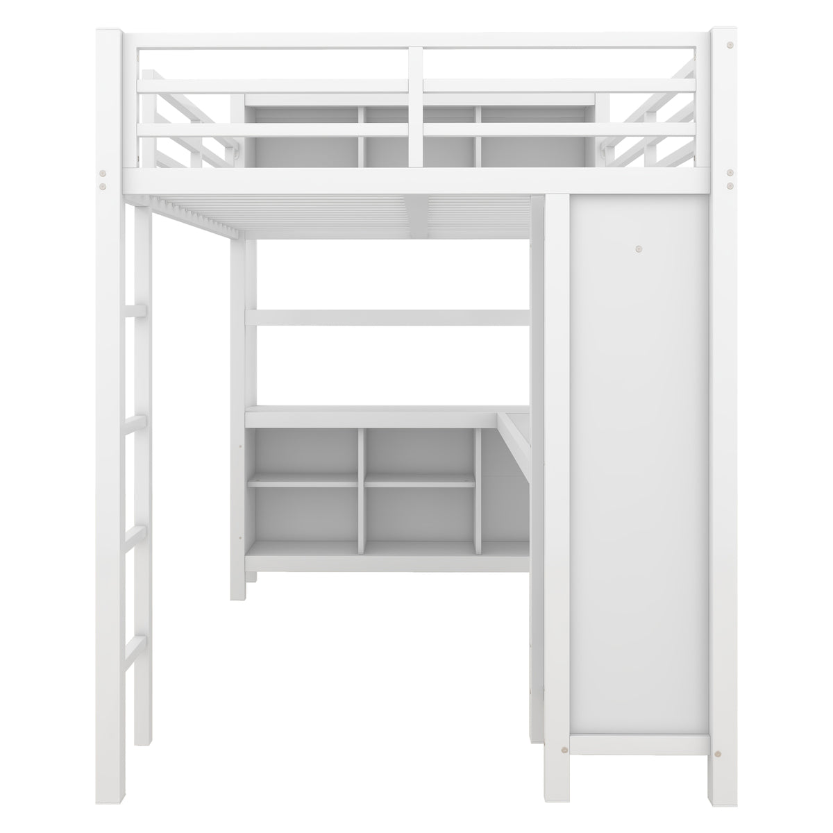 Metal Loft Bed With Wardrobe And L Shaped Desk, Full Size Loft Bed With Storage Cubes And Shelves, Heavy Duty Loft Bed For Kids Teens Adults, White Full Off White Metal