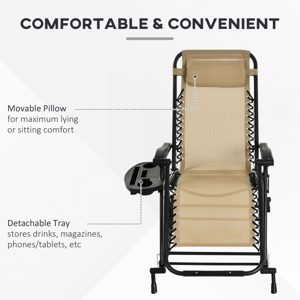 Outsunny 2 Pieces Outdoor Rocking Chairs, Foldable Reclining Zero Gravity Lounge Rocker With Pillow, Cup & Phone Holder, Combo Design With Folding Legs, Beige Beige Steel