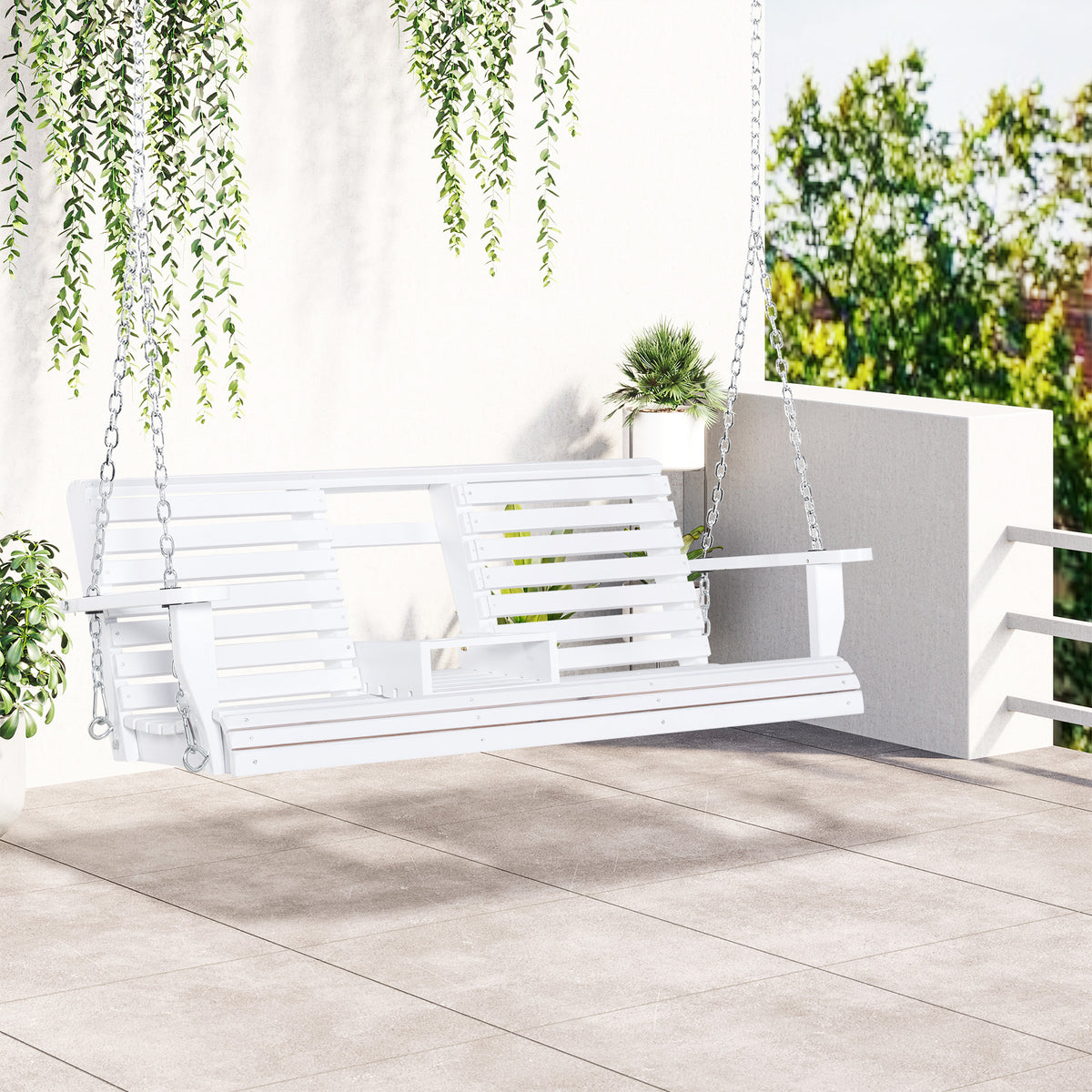 Outsunny 3 Seater Wooden Porch Swing, Patio Swing Bench With Folding Coffee Table, Cup Holders And Chains Included, 440Lbs Weight Capacity, White White Wood