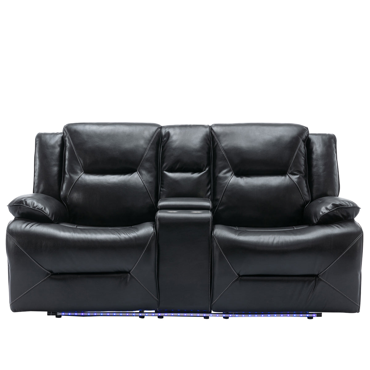 2 Seater Home Theater Recliner Manual Recliner Chair With A Led Light Strip Two Cup Holders And A Storage Box For Living Room,Bedroom, Black Black Foam Pu
