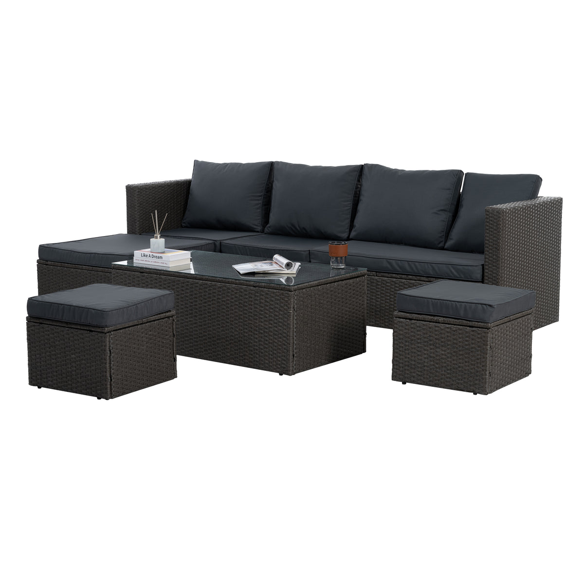 Patio Furniture, Outdoor Furniture, Seasonal Pe Wicker Furniture,7 Pcs Set Wicker Furniture With Lounger Sofa Yes Dark Gray Seats 6 Pe Rattan Iron Waterproof Fabric