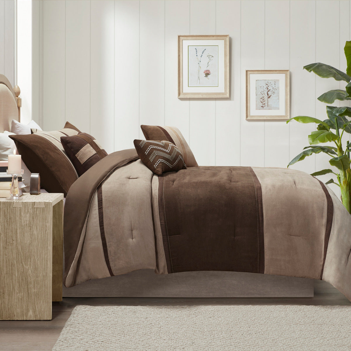 7 Piece Faux Suede Comforter Set Brown Queen Queen Brown Polyester