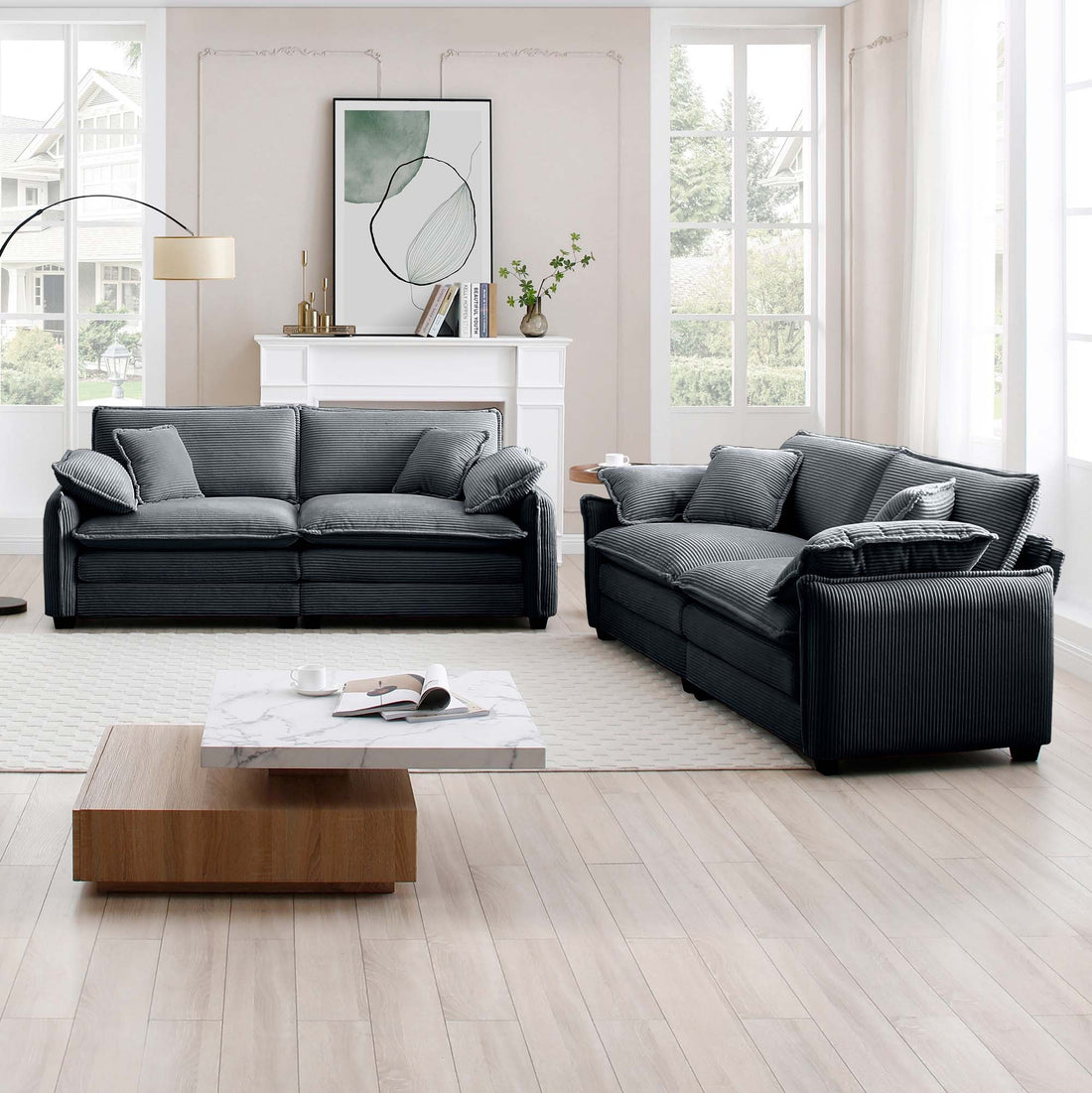 Modern Living Room Sofa Two Piece Set, Suitable For Living Room And Bedroom Sofa Set, Consists Of Two Pieces Of 2 Seater Sofa,Grey Corduroy Grey Corduroy 5 Seat