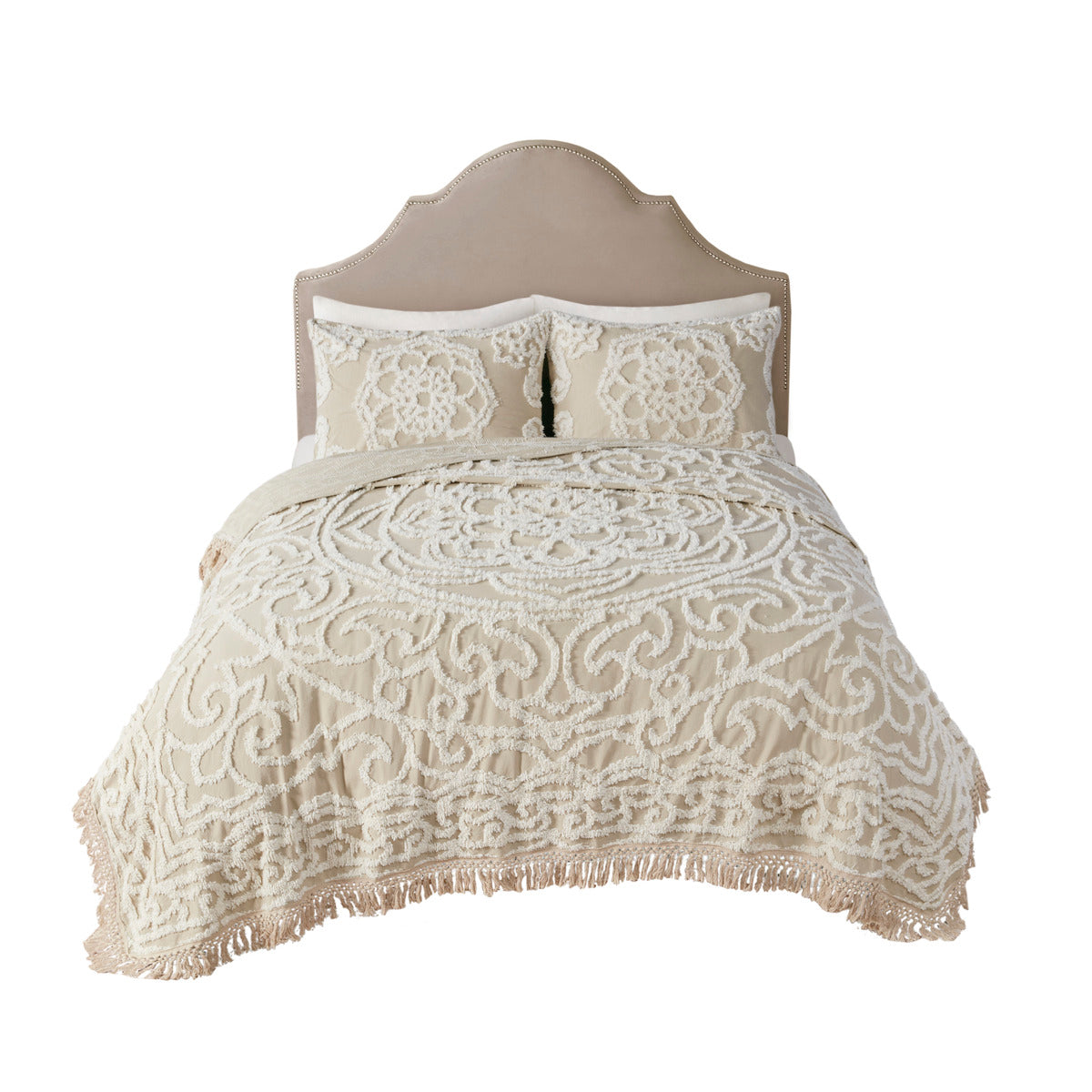 Tufted Cotton Chenille Medallion Fringe Coverlet Mini Set Taupe King Cal King King Taupe Cotton