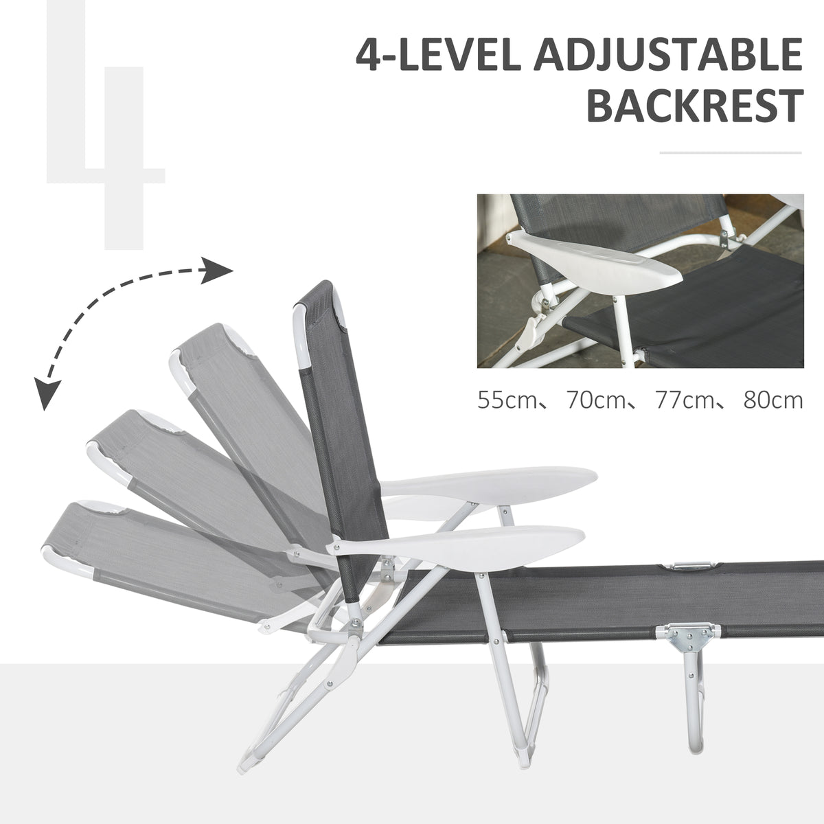 Outsunny Folding Chaise Lounge, Outdoor Sun Tanning Chair, 4 Position Reclining Back, Armrests, Metal Frame And Mesh Fabric For Beach, Yard, Patio, Dark Gray Dark Grey Metal