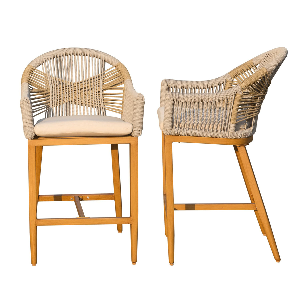 Bar Stools Set Of 2 With Arm And Backrest, Outdoor Counter Height Bar Chairs With Cushion, Aluminum Tall Bar Stools Modern Textilene Rope Boho Barstools For Garden, Pool, Patio, Kitchen Rounded Backre Yes Khaki Garden & Outdoor 2 Person Seating Group