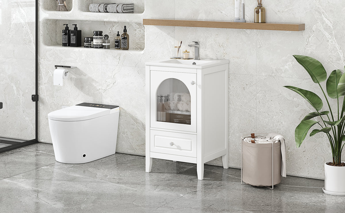 20" Bathroom Vanity With Sink, Bathroom Cabinet With Soft Closing Glass Door, A Drawer, White White Mdf