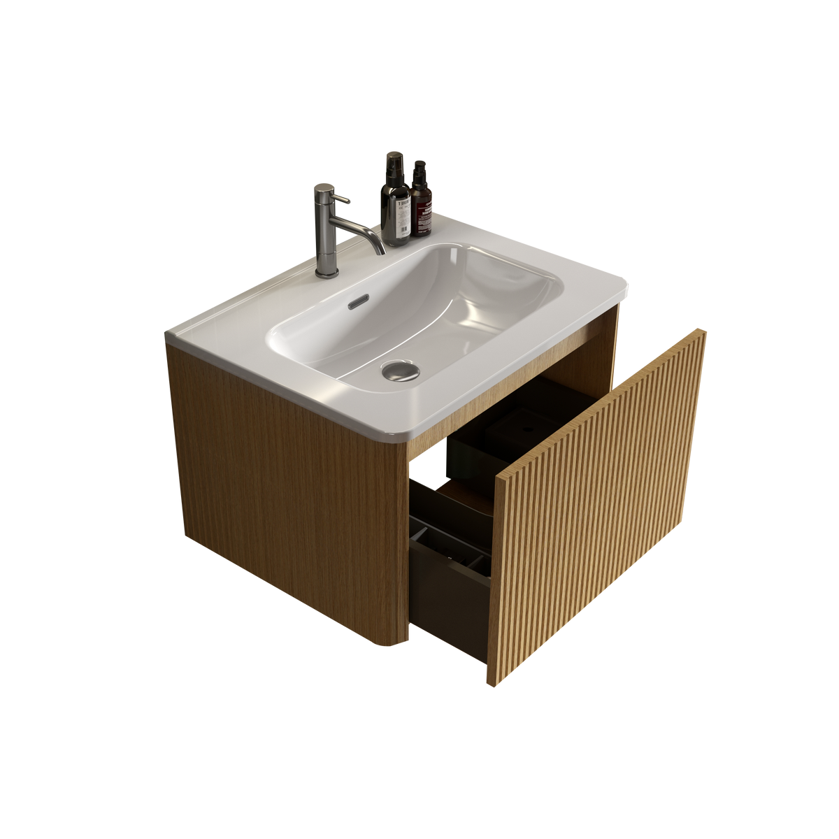 U055 Etna24W 306 Etna 24" Striped Natural Oak Bathroom Vanity With White Ceramic Sink, Wall Mounted Floating Bathroom Vanity For Modern Bathroom, Pre Assembled White Oak Bathroom Modern Melamine
