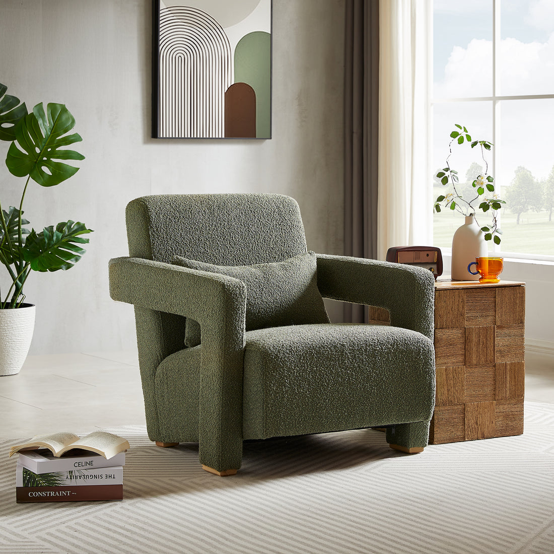 Mirod Sleek Right Angle Armrests, Ergonomic Lumbar Support, Square Wooden Block Legs, Inclined Seat For Comfort, Artistic Statement Piece For Living Room,Bedroom And Study Green Boucle