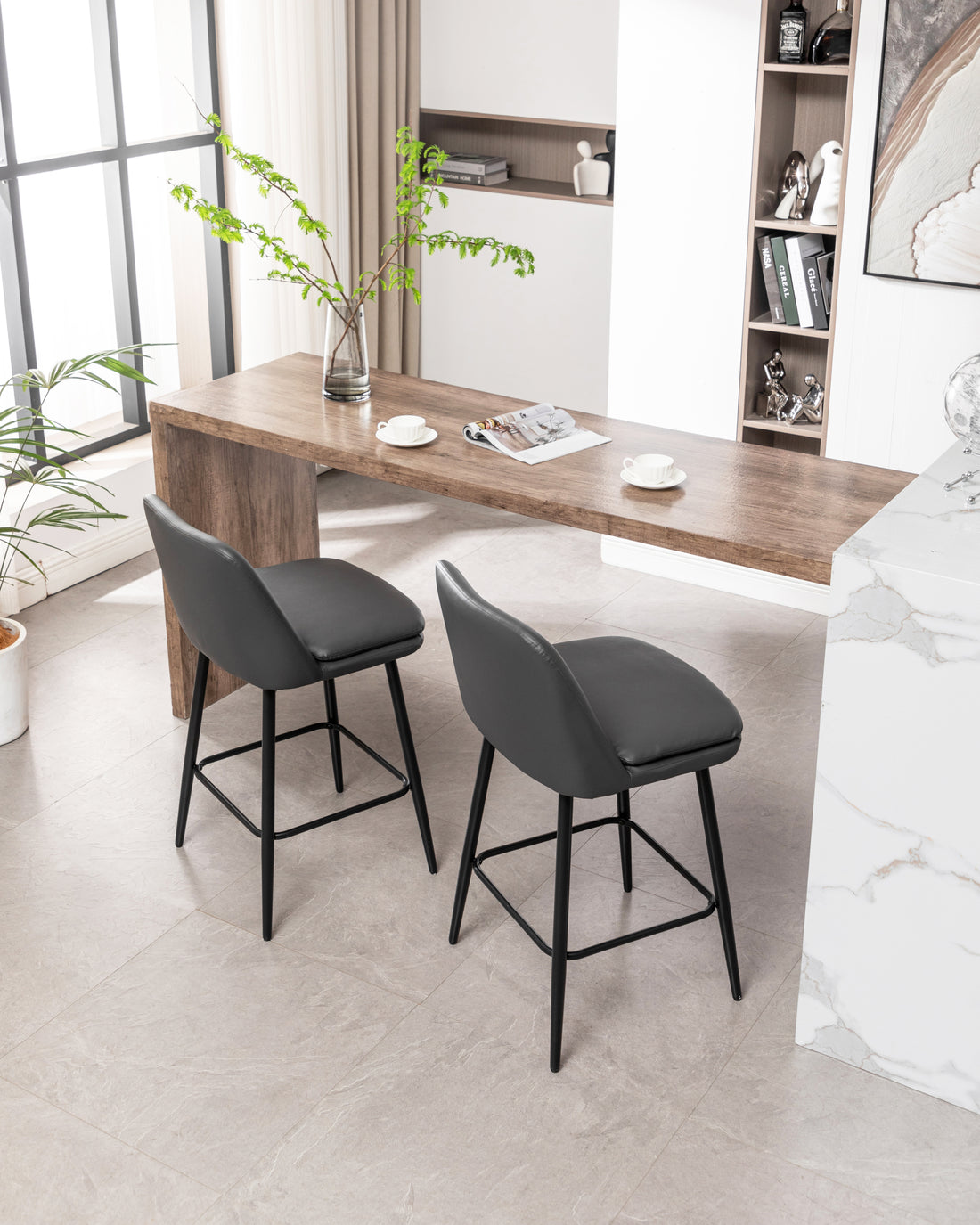 Counter Height Swivel Bar Stools Set Of 2, 360 Swivel Upholstered Barstools With Back And Metal Legs, 25.6" Seat Height,Counter Stools For Kitchen Island And Pub,Faux Leather,Grey Dark Grey Set Of 2 Pu Leather
