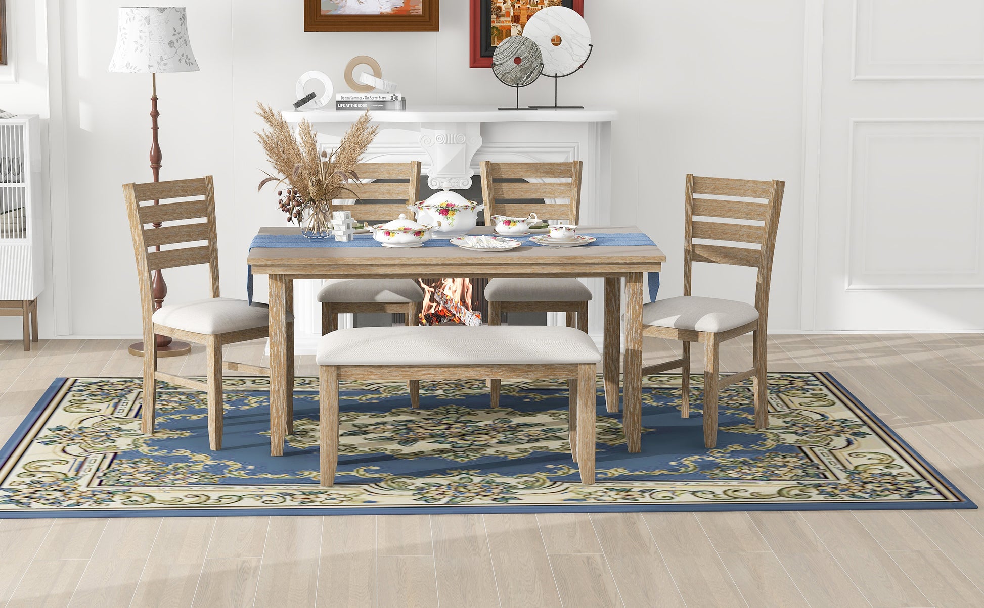 Dining Room Table And Chairs With Bench, Rustic Wood Dining Set, Set Of 6 Natural Wood Wash Natural Wood Wash Solid Wood