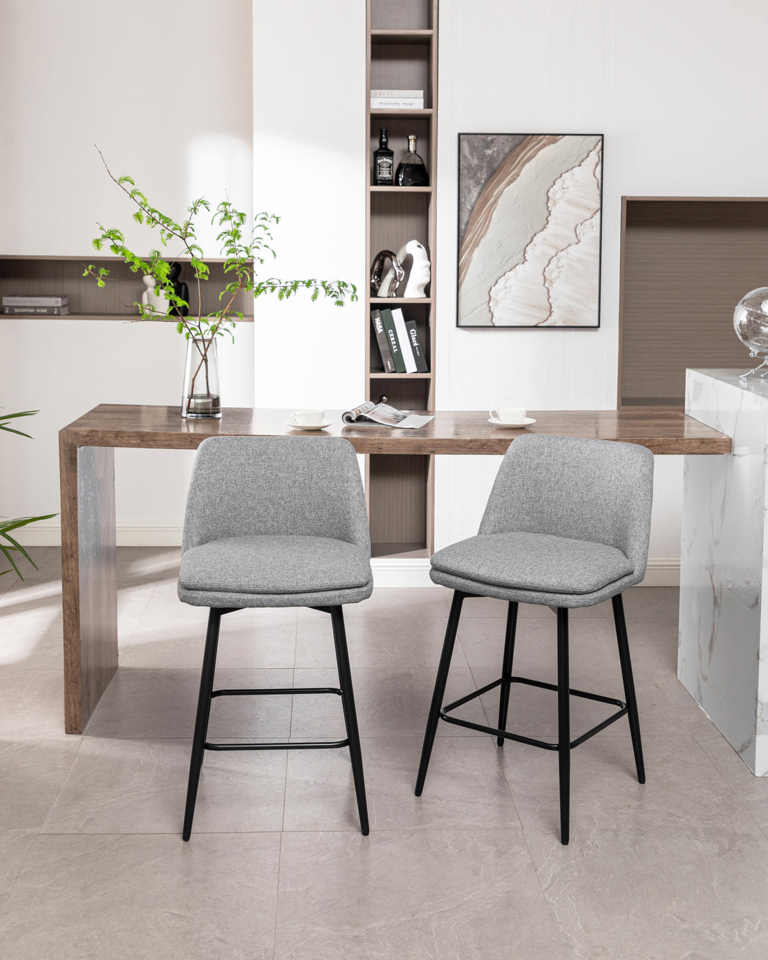Counter Height Swivel Bar Stools Set Of 2, 360 Swivel Upholstered Barstools With Back And Metal Legs, 25.6" Seat Height,Counter Stools For Kitchen Island And Pub,Linen Cloth,Grey Light Grey Set Of 2 Linen