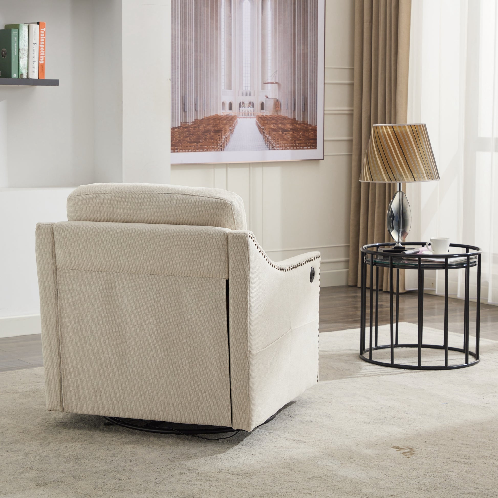 Cream White Fabric Swivel Rotating Accent Chair With Usb And Magazine Book For Living Room And Hotel Bed Room Cream White White Primary Living Space American Design,Classic,Modern Pine Foam Wood Fabric