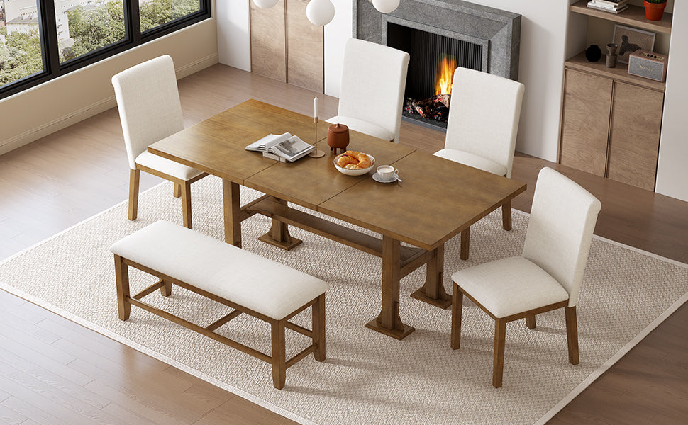 Farmhouse 76Inch 6 Piece Extendable Dining Table Set Trestle Kitchen Table Set With 18Inch Removable Leaf And Upholstered Dining Chair And Bench For Dining Room, Dark Brown Wood Dining Room