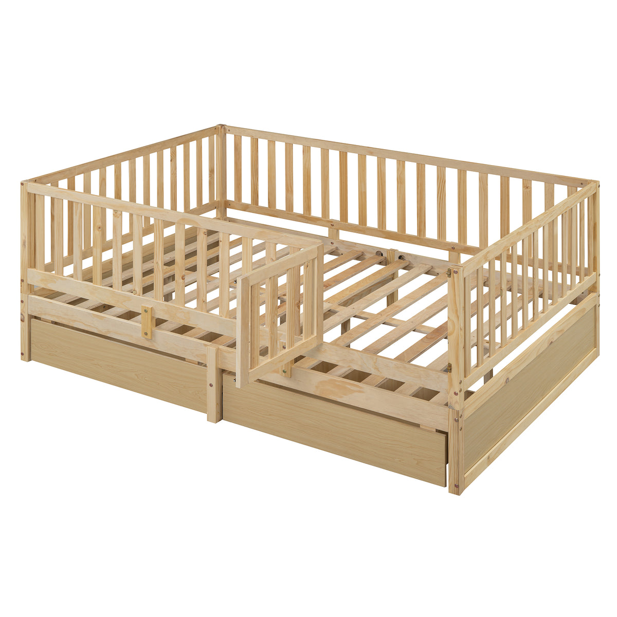 Full Size Wood Daybed With Fence Guardrails And 2 Drawers, Split Into Independent Floor Bed & Daybed, Natural Old Sku :Lp000882Aan Full Natural Solid Wood Mdf