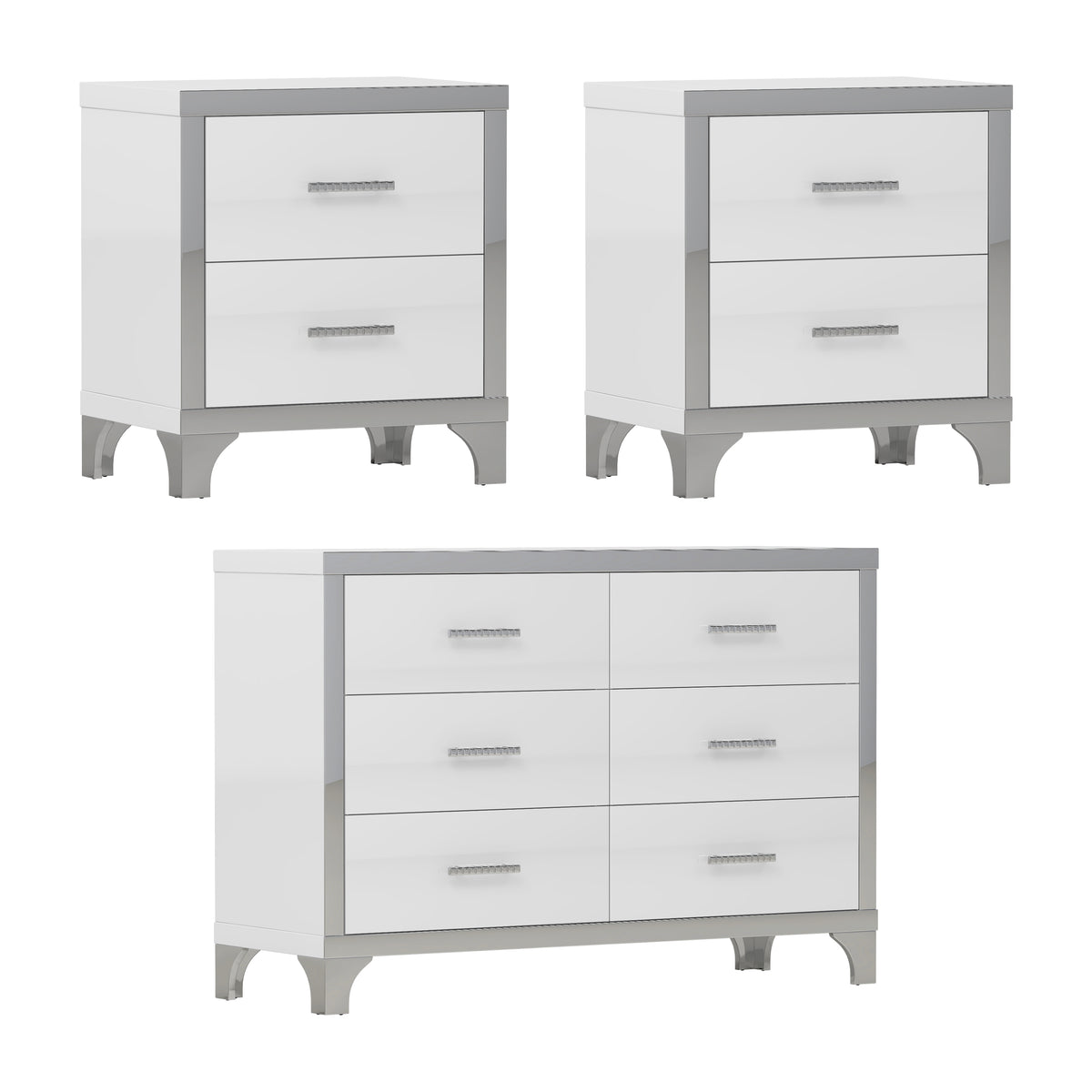 3 Pieces Sets,Dresser And Two Nightstands With Metal Handles And Mirror Decoration, Elegant And Subtle,White White 3 Piece Set Mdf