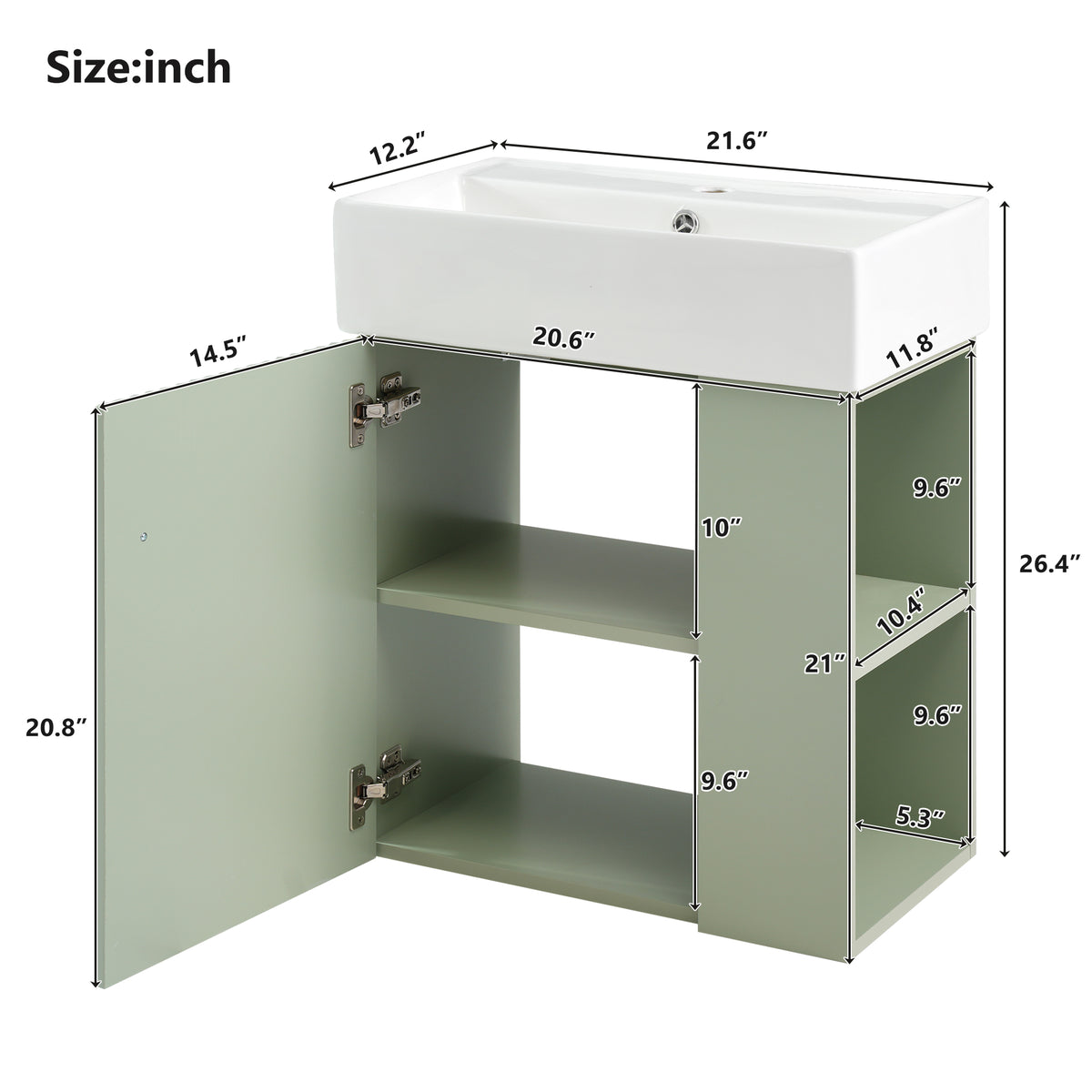 Video 21.6 Inch Modern Floating Bathroom Vanity With Ceramic Basin Perfect For Small Bathrooms, Right Side Storage Green Bathroom Ceramic Mdf