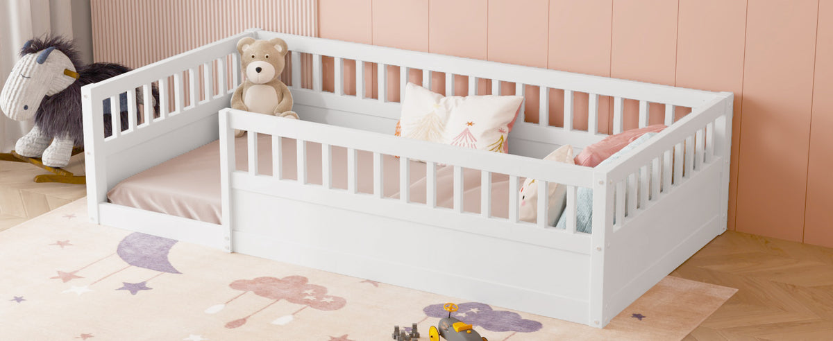 Twin Floor Bed Frame With Fence, Wood Kids Floor Beds Frame For Bedroom Playroom,White Twin White Pine