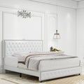 Queen Size Bed Frame With Star Projector Galaxy Light, Adjustable Upholstered Headboard With Diamond Button, Usb Charger, Music Speaker, Pu Leather White Pu Mdf Metal