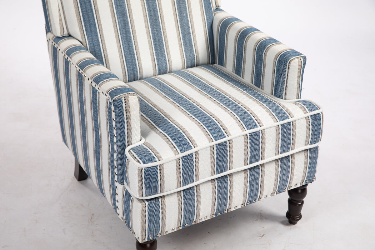 Upholstered Accent Chair, Vintage Armchair With Blue And White Striped Linen Fabric And Trim For Living Room Blue Cotton