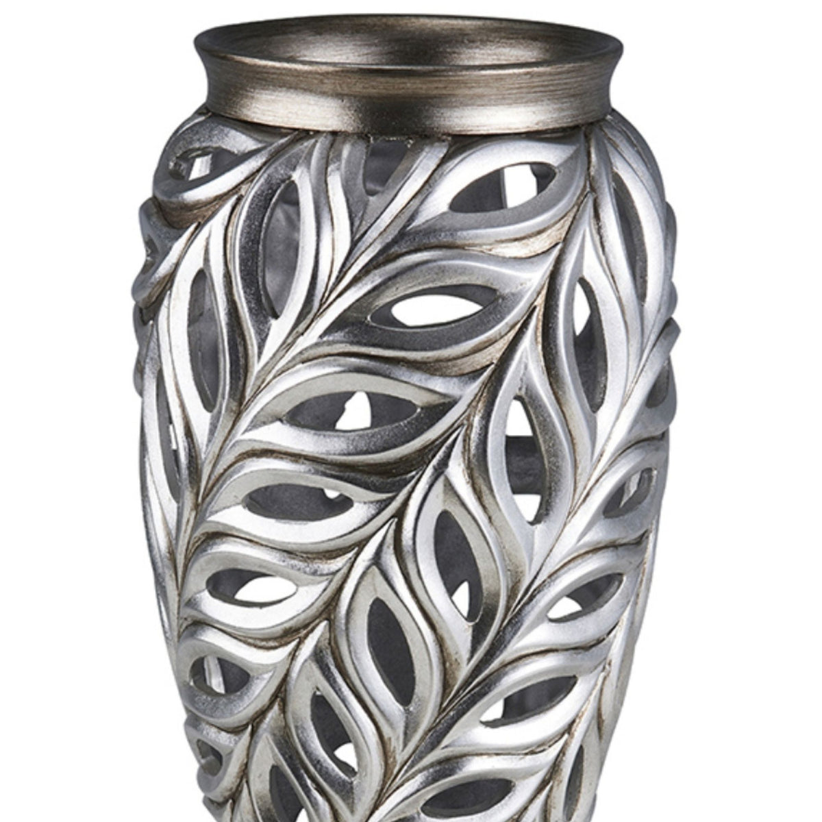 15.75" Tall Polyresin Decorative Vase "Kiara", Silver Peacock Feathers Design Silver Polyresin