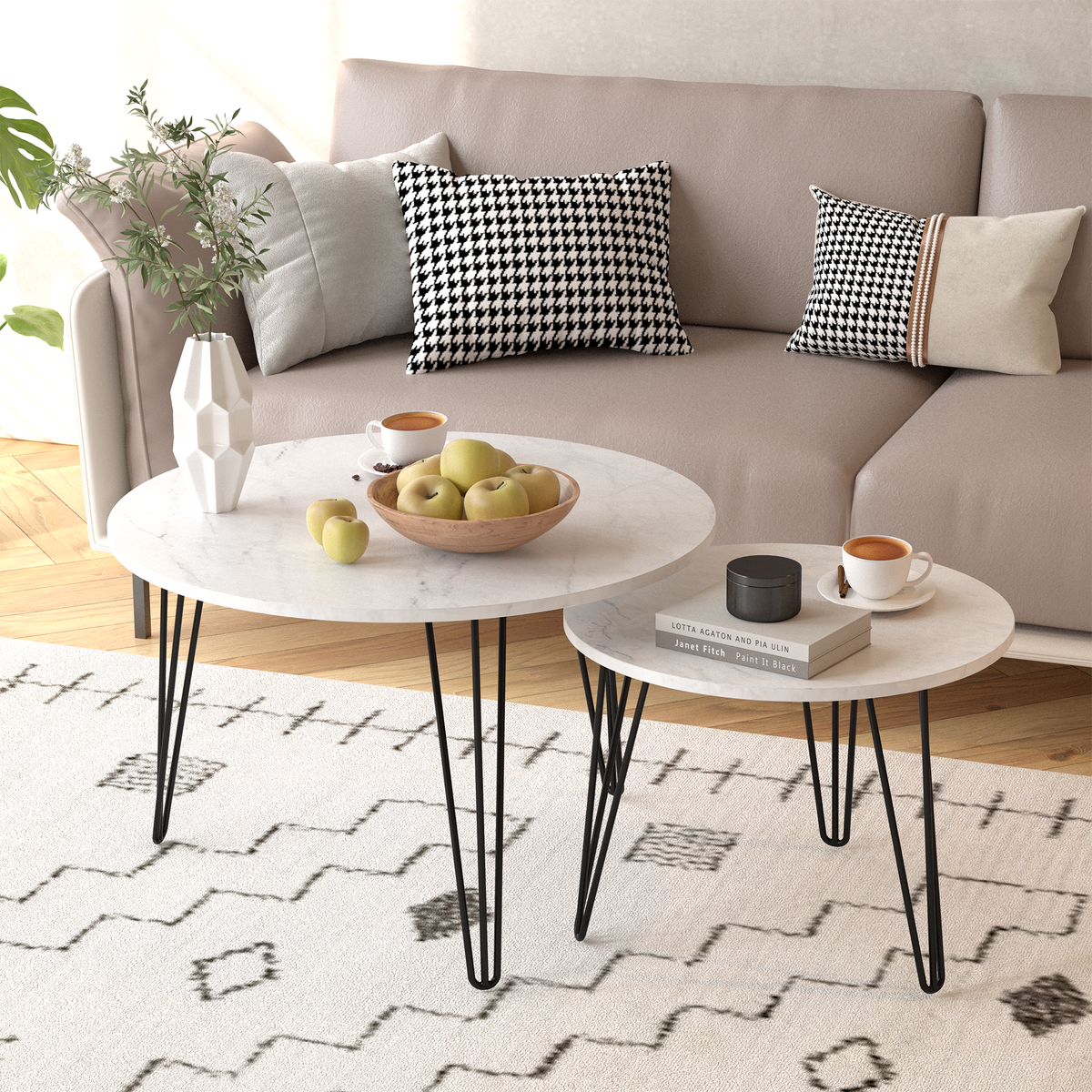 27.56'' Round Nesting Coffee Table Set Of 2, Circular Nesting End Table Set, Round Marble Tabletop, And Sturdy Metal Base For Living Room, Bedroom, White White Round Wood Metal