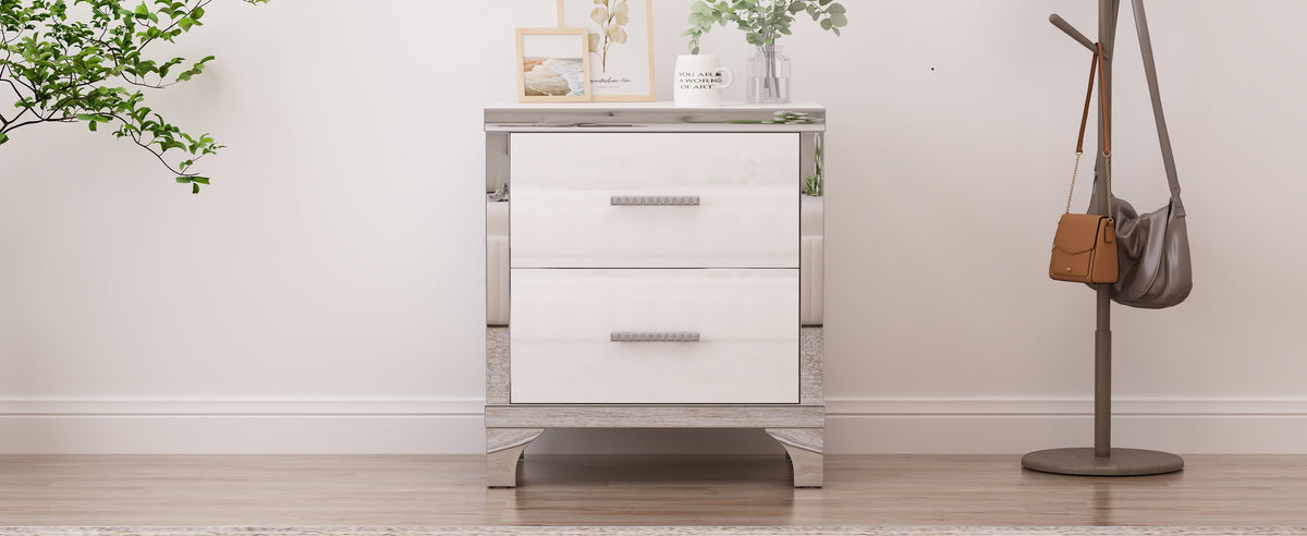 Elegant High Gloss Nightstand With Metal Handle,Mirrored Bedside Table With 2 Drawers For Bedroom,Living Room,White White Particle Board